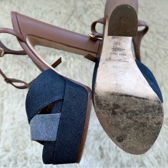 SERGIO ROSSI Denim Colorblock T-Strap Sandals SIZE 39 - Picture 3 of 3